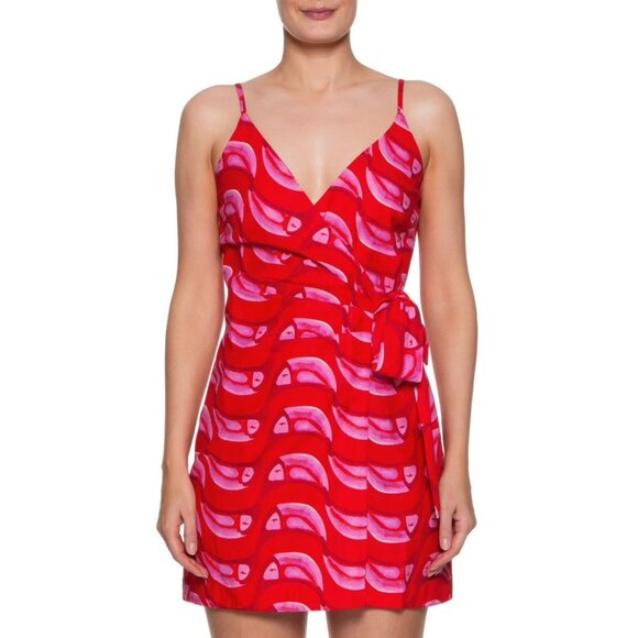 NOWT Farm Rio Linen blend Copabanana Wrap Mini Dress Red Pink Size L - Picture 1 of 16